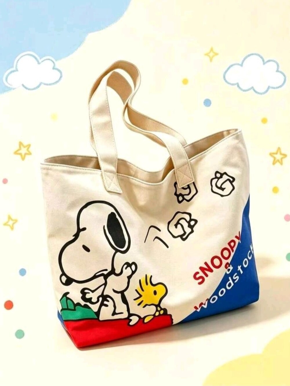 Snoopy & Woodstock Canvas Tote Bag in Cream, Red and Blue